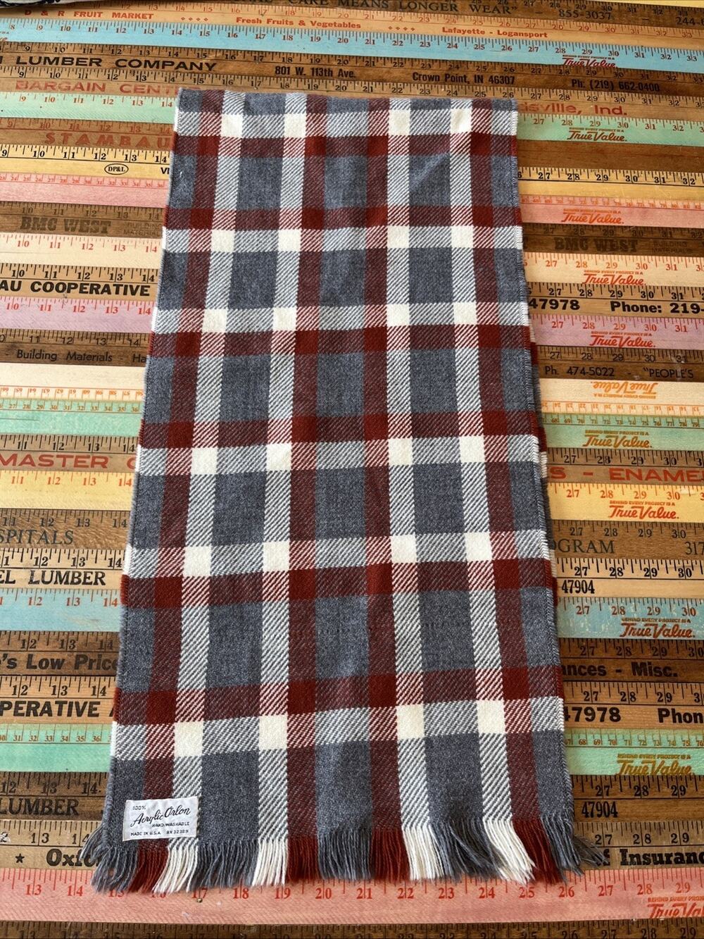 Vintage Plaid Scarf Orange Gray Orlon‎ Made In USA Checkered 1950s 50X11